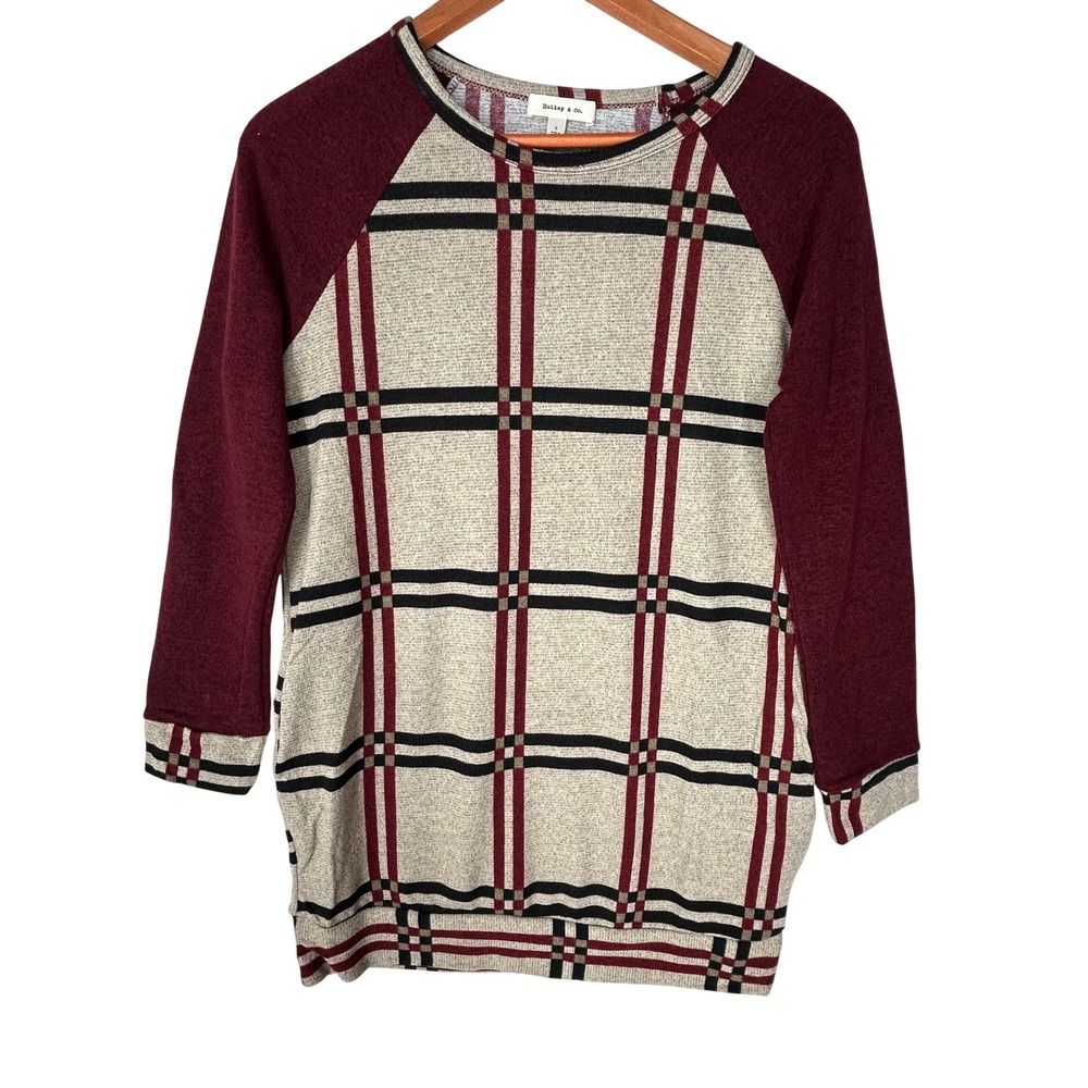Hailey & Co Brown‎ Red Plaid Sweater w/Pockets Elbow Patch Women's Small NWOT